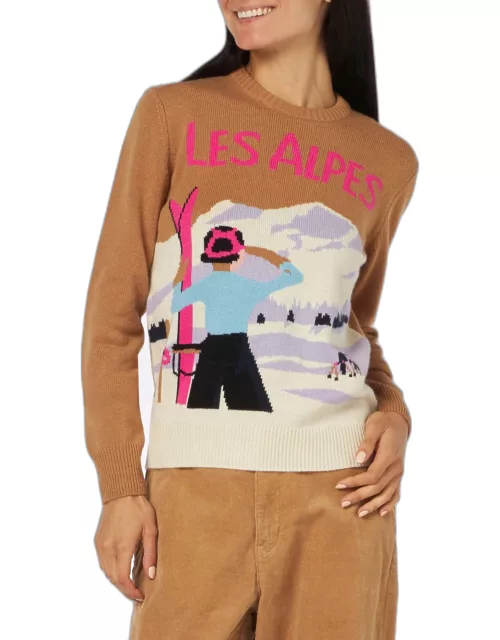 MC2 Saint Barth Woman Crewneck Brown Sweater With Les Alpes Embroidery