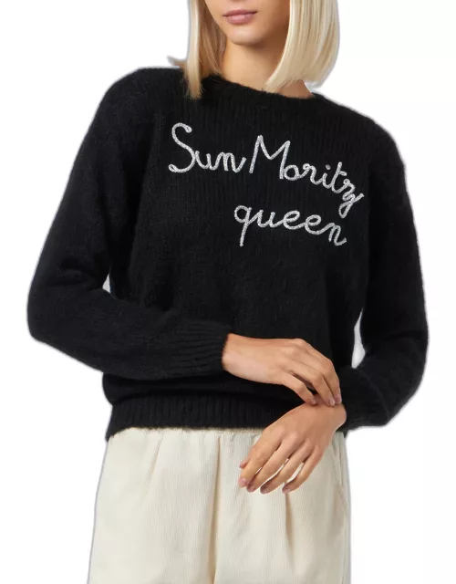 MC2 Saint Barth Woman Crewneck Soft Sweater With Sun Moritz Queen Embroidery