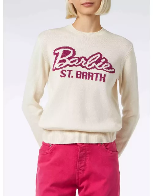 MC2 Saint Barth Woman Crewneck White Sweater With Barbie Print Barbie Special Edition