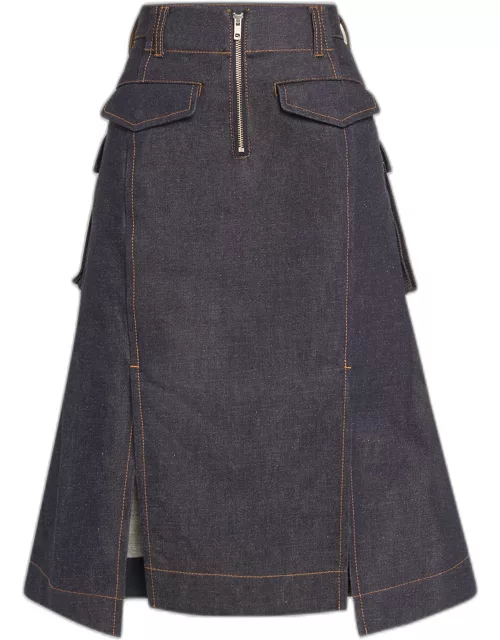 Flared Denim Midi Skirt with Pocket Detail