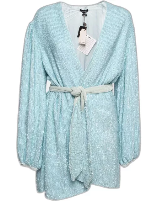 Retrofete Blue Velvet Trim Sequin Gabrielle Wrap Dress