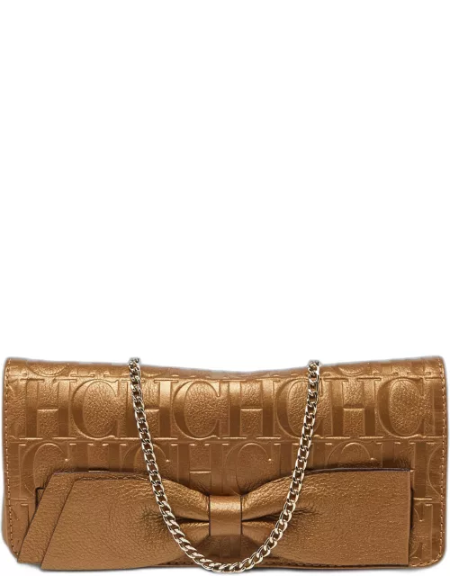 CH Carolina Herrera Gold Monogram Embossed Leather Bow Chain Clutch