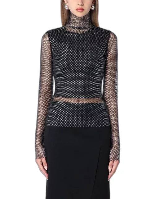 Black mesh turtleneck sweater with rhinestone