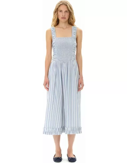 GANNI Blue Stripe Cotton Midi Strap Smock Dress in White