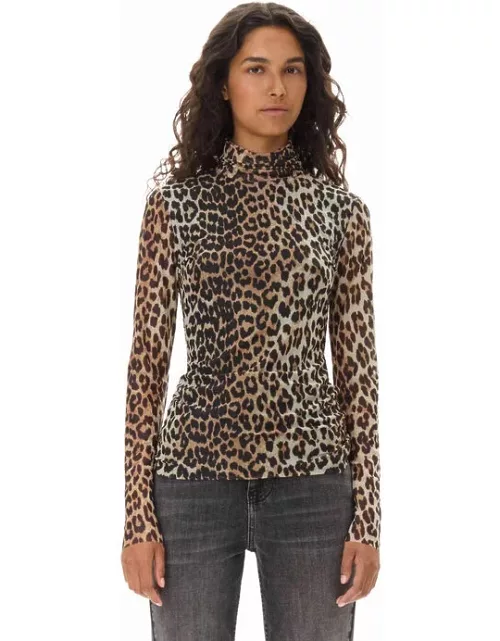 GANNI Leopard Printed Mesh Long Sleeve Rollneck Top