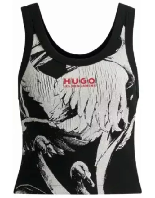 HUGO x Les Benjamins vest in stretch cotton with swan print- Black Women's Casual Top