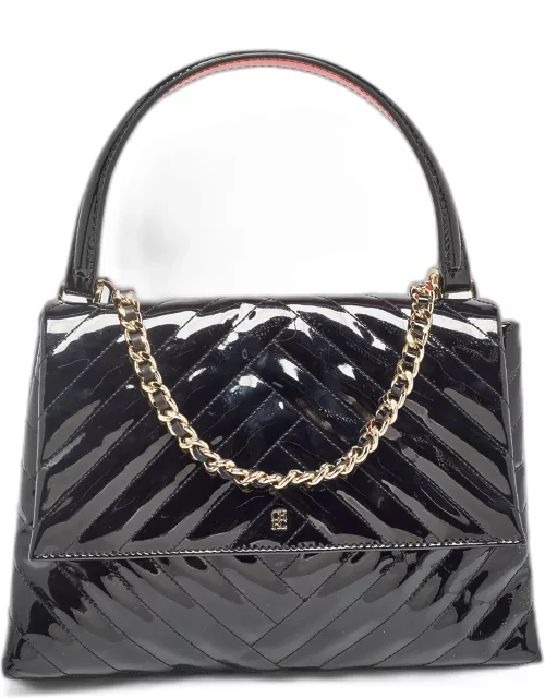 Carolina Herrera Black Diagonal Quilted Patent Leather Flap Top Handle Bag