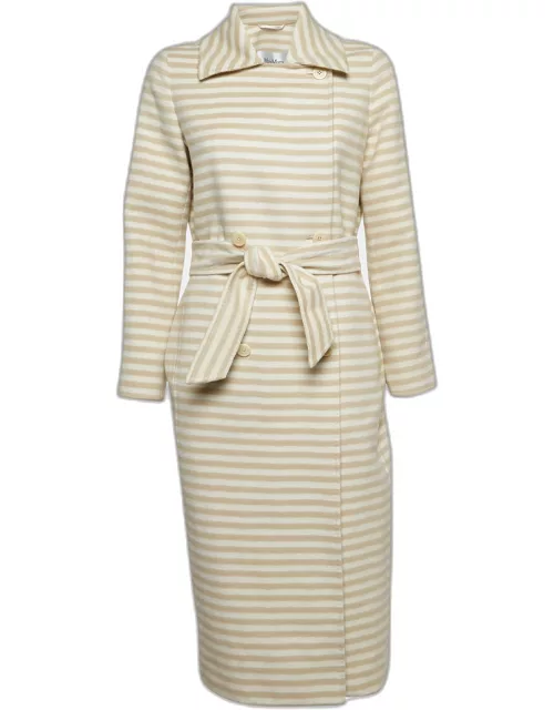Max Mara Beige/White Stripe Wool Double Breasted Belted Trench Coat