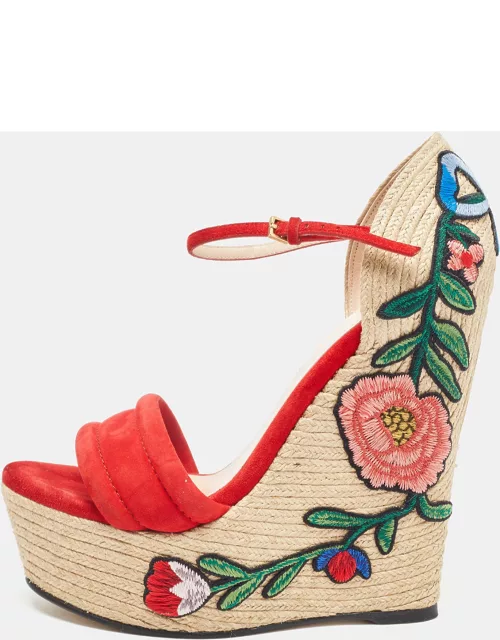 Gucci Red/Beige Suede Floral Embroidered Espadrille Wedge Platform Ankle Strap Sandal