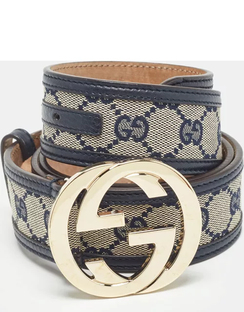 Gucci Beige/Navy Blue GG Canvas and Leather Interlocking G Buckle Belt 100 C