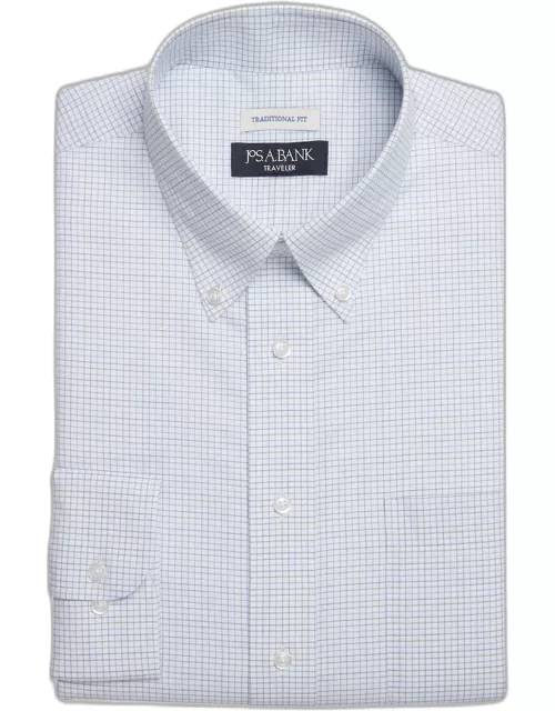 JoS. A. Bank Big & Tall Men's Traveler Collection Traditional Fit Button-Down Collar Grid Dress Shirt , Blue, 18 X 34