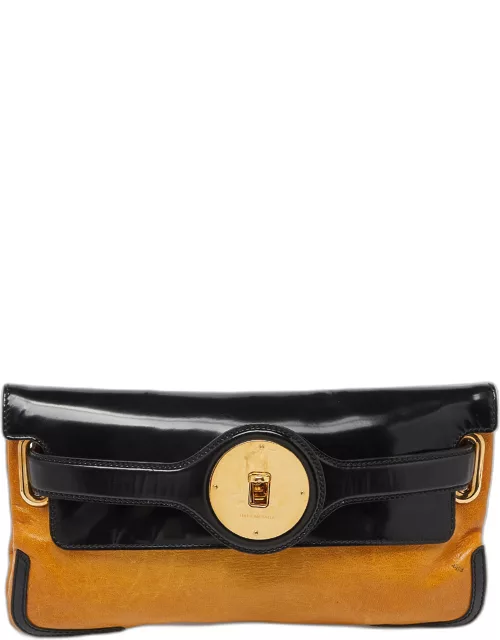 Balenciaga Yellow/Black Leather and Patent Leather Lune Clutch