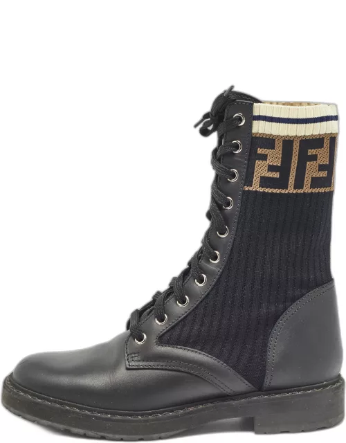 Fendi Black Leather and Zucca Stretch Fabric Rockoko Combat Boot