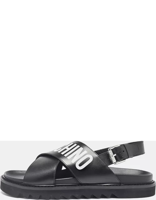 Moschino Black Leather Logo Crisscross Flat Sandal