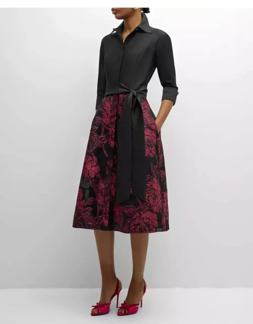 Tie-Waist Floral Jacquard Midi Shirtdres