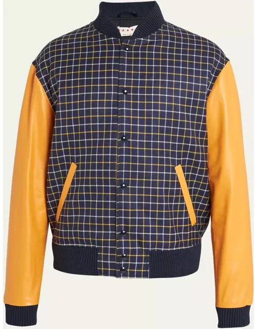 Men's Check Varsity Jacket with Leather Sleeve
