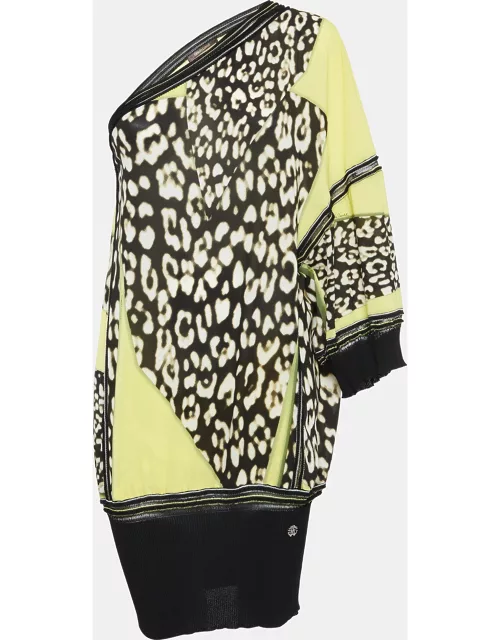 Roberto Cavalli Yellow Printed Silk One Shoulder Top