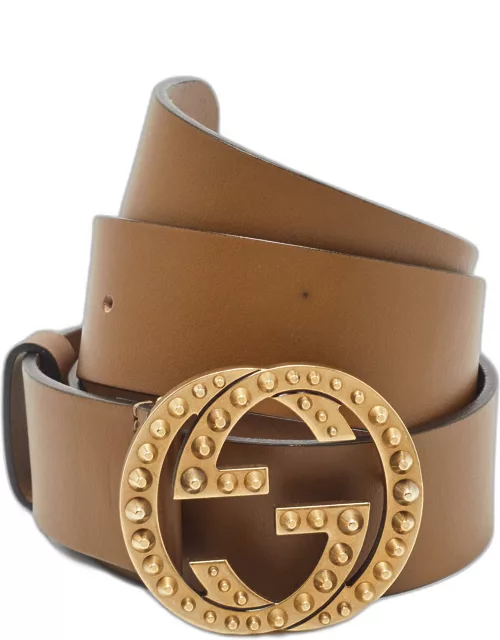 Gucci Brown Leather Spike Interlocking G Buckle Belt 90C