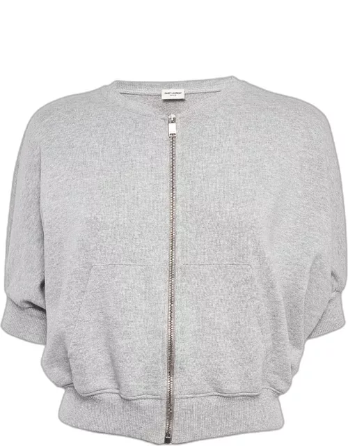 Saint Laurent Paris Grey Cotton Knit Zip-Up Crop Jacket
