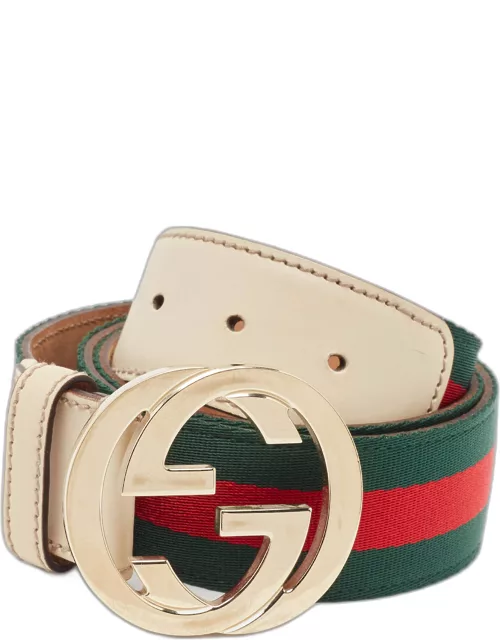 Gucci White Web Canvas and Leather Interlocking G Buckle Belt 95C