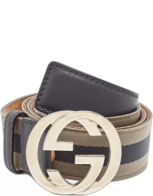 Gucci Dark Grey Web Canvas and Leather Interlocking G Buckle Belt 105C