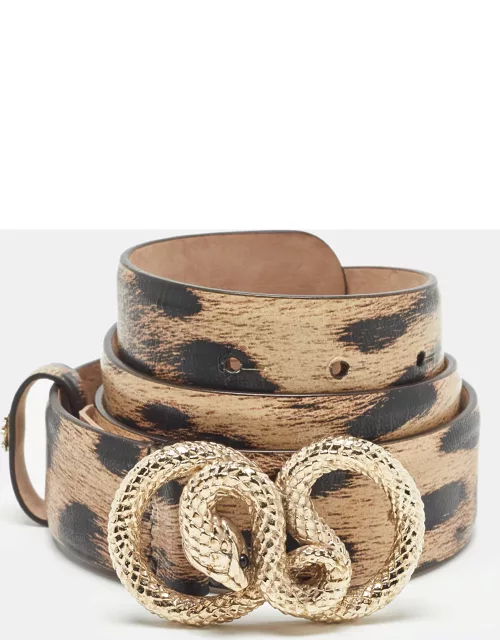 Roberto Cavalli Beige/Black Leopard Print Leather Snake Buckle Belt 90C