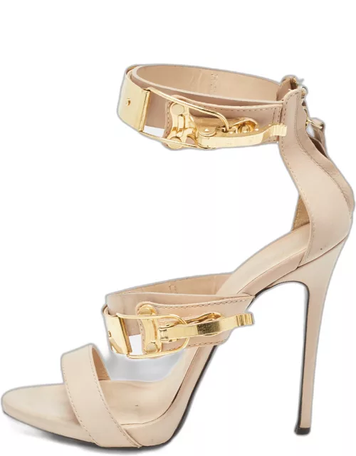 Giuseppe Zanotti Beige Leather Buckle Detail Back Zip Sandal