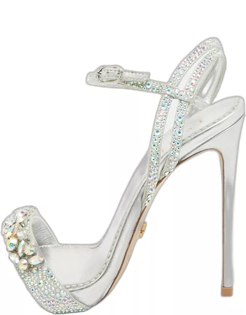 Le Silla Sliver Leather Crystal Embellished Ankle Strap Sandal