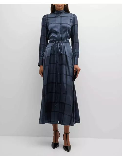 Grid-Print Silk Long-Sleeve Belted Maxi Dres