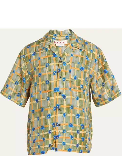 Men's Cross-Print Silk Camp Shirt