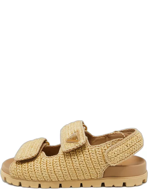 Prada Beige Raffia Logo-Plaque Velcro Slingback Sandal