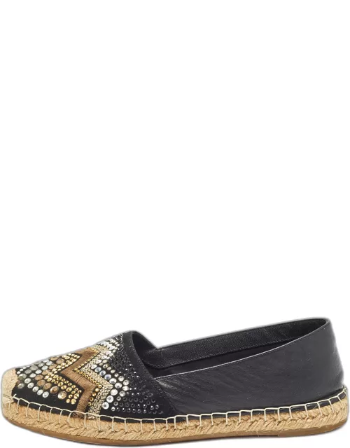 Le Silla Black Leather and Embellished Suede Espadrille Flat