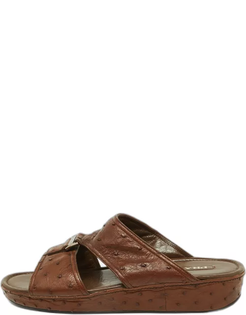 Prada Brown Ostrich Leather Flat Sandal
