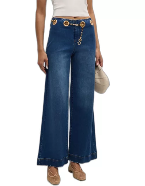 Sydney Belted Grommet Wide-Leg Denim Pant