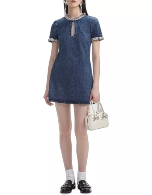 Embellished Denim Short-Sleeve Mini Dres