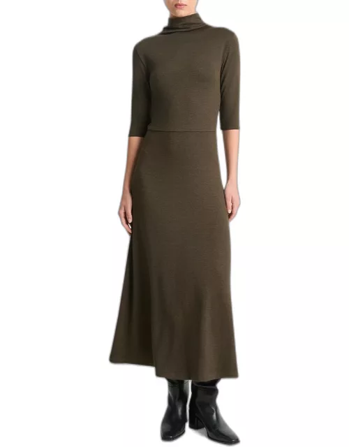 Elbow-Sleeve Turtleneck Midi Dres