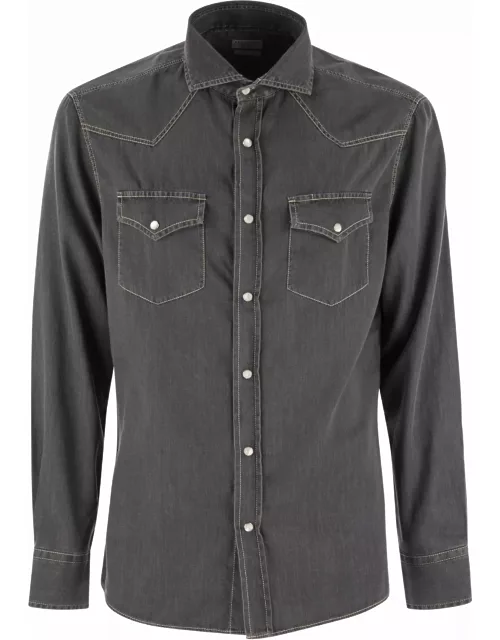 Brunello Cucinelli Easy Fit Shirt In Light Denim With Press Stud