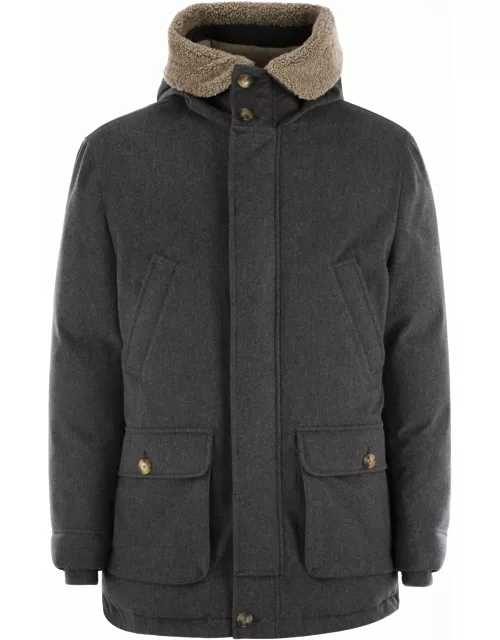 Brunello Cucinelli Membranated Wool Flannel Parka Down Jacket With Hood And Shearling Insert