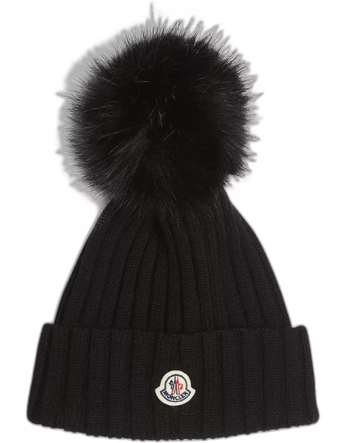 Ribbed Wool Beanie with Faux Fur Po