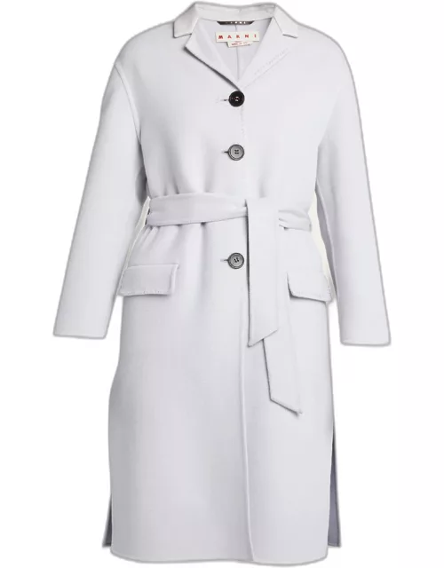 Leather-Collar Belted Single-Breasted Cashmere Long Coat