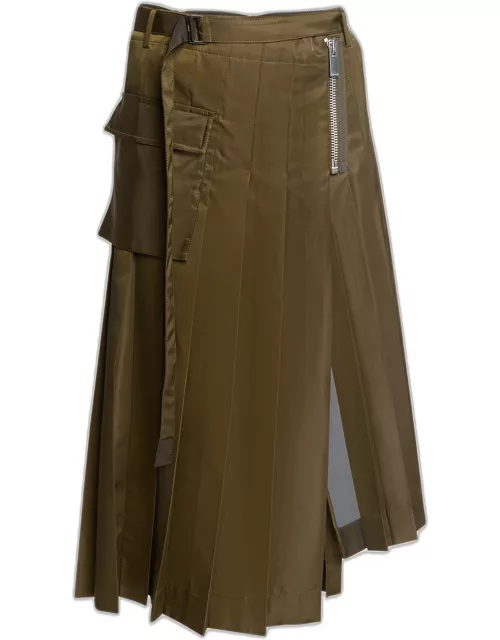 Pleated Asymmetric Belted Nylon Midi Skirt