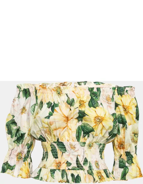 Dolce & Gabbana Yellow Floral Print Cotton Off-The-Shoulder Crop Top
