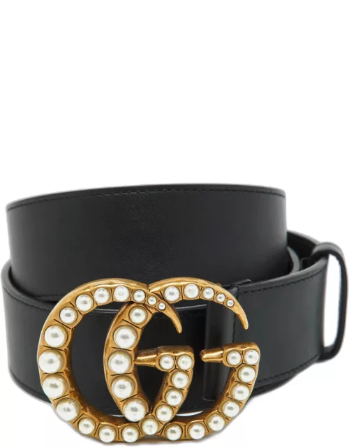 Gucci Black Leather GG Marmont Pearl Embellished Buckle Belt 95C