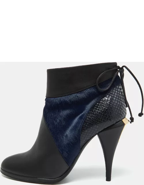 Fendi Black/Blue Leather Snake Embossed and Calfhair Ankle Boot