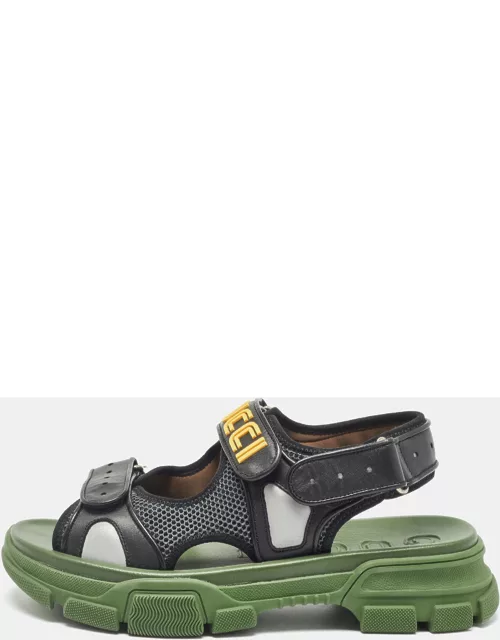 Gucci Black/Green Leather and Mesh Sega Velcro Slingback Sandal