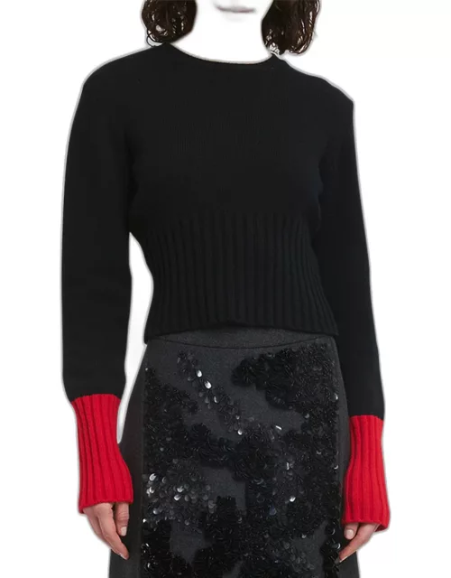 Contrast Cuffs Long-Sleeve Crewneck Knit Sweater