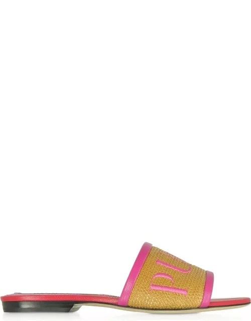 Emilio Pucci Raffia & Leather Slipper W/embroidered Logo