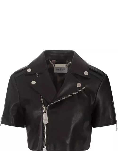 Philipp Plein Black Leather Cropped Biker Short Sleeve Jacket