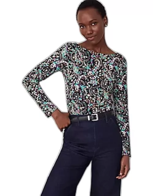 Ann Taylor Paisley Button Cuff Boatneck Top