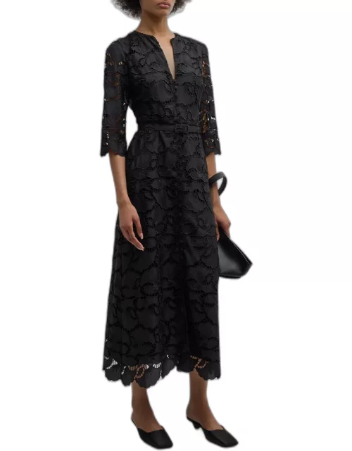 Elizabeth Belted Floral Lace Midi Dres